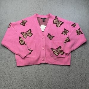 Forever 21 Sweater Cardigan Womens Small Pink Butterfly Button Front Pockets